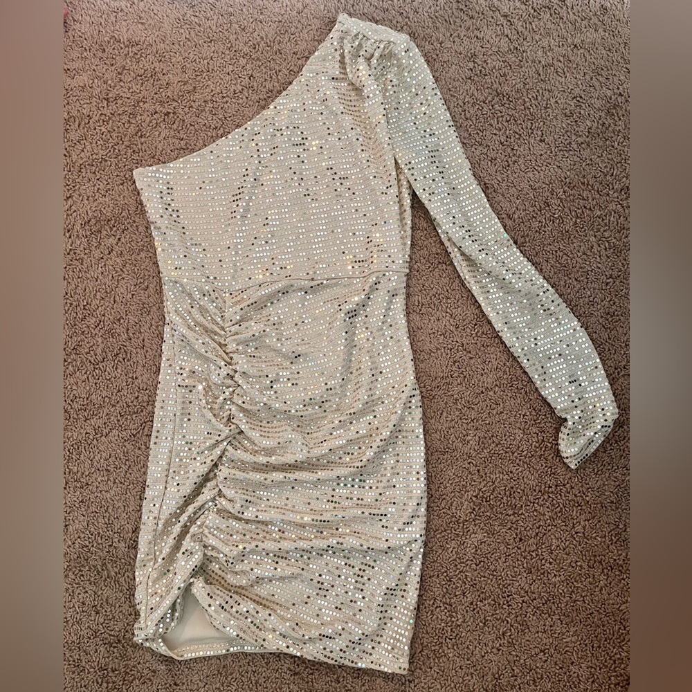 One shoulder champagne sequin mini